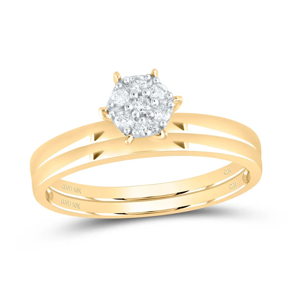 10kt Yellow Gold Womens Round Diamond Cluster Bridal Wedding Engagement Ring Band Set 1/6 Cttw