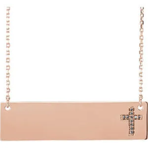 14K Rose Engravable .03 CTW Diamond Cross 16-18" Necklace