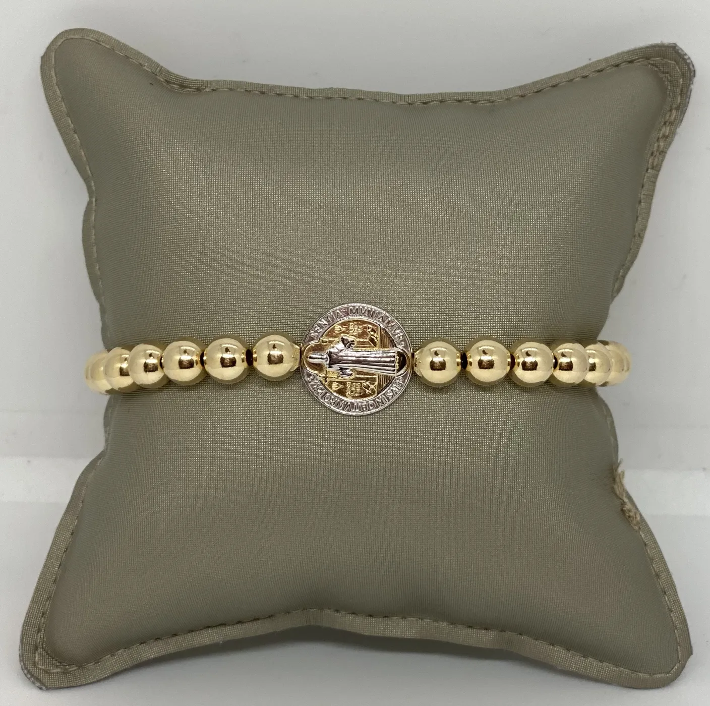 14K Yellow Gold Large St. Benedict Medal on Large Gold Filled Beaded Bracelet*