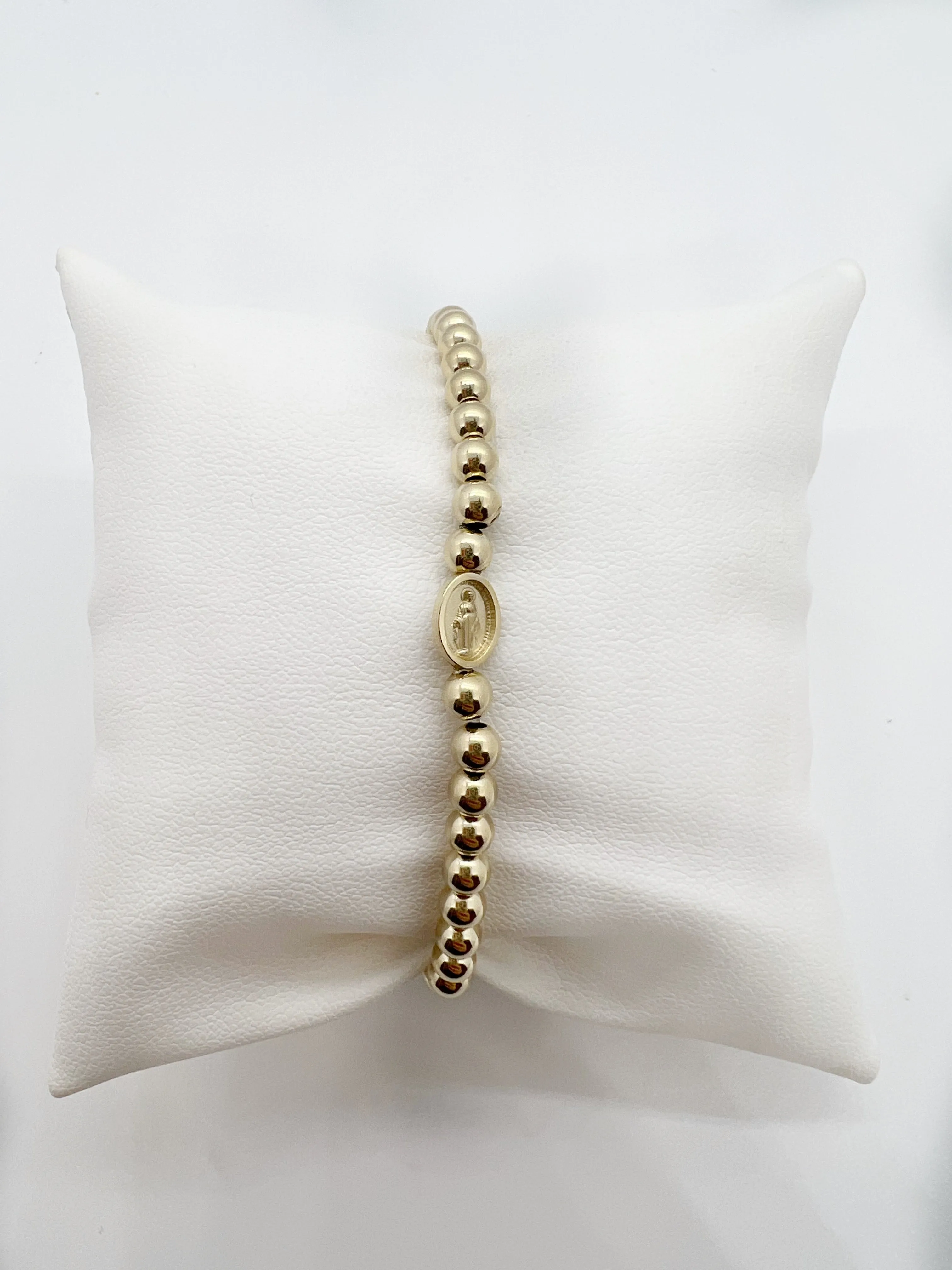 14K Yellow Gold Miraculous Medal and Gold Filled Beaded Bracelet