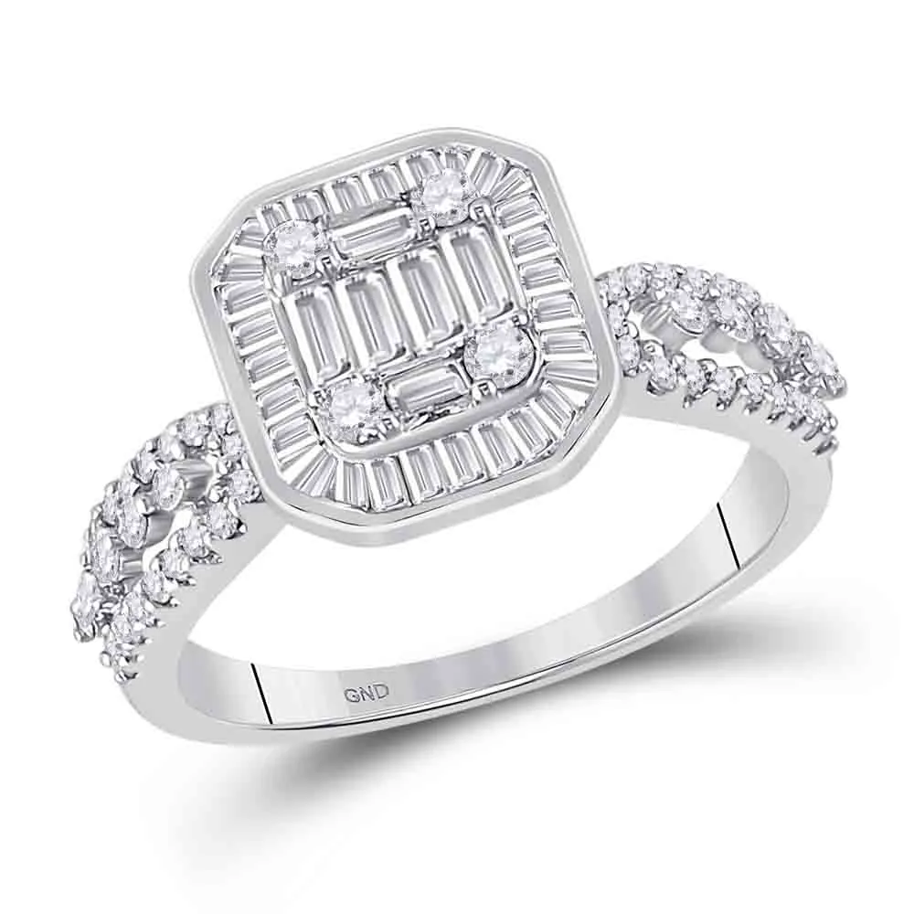 14kt White Gold Womens Baguette Diamond Fashion Cluster Ring 7/8 Cttw