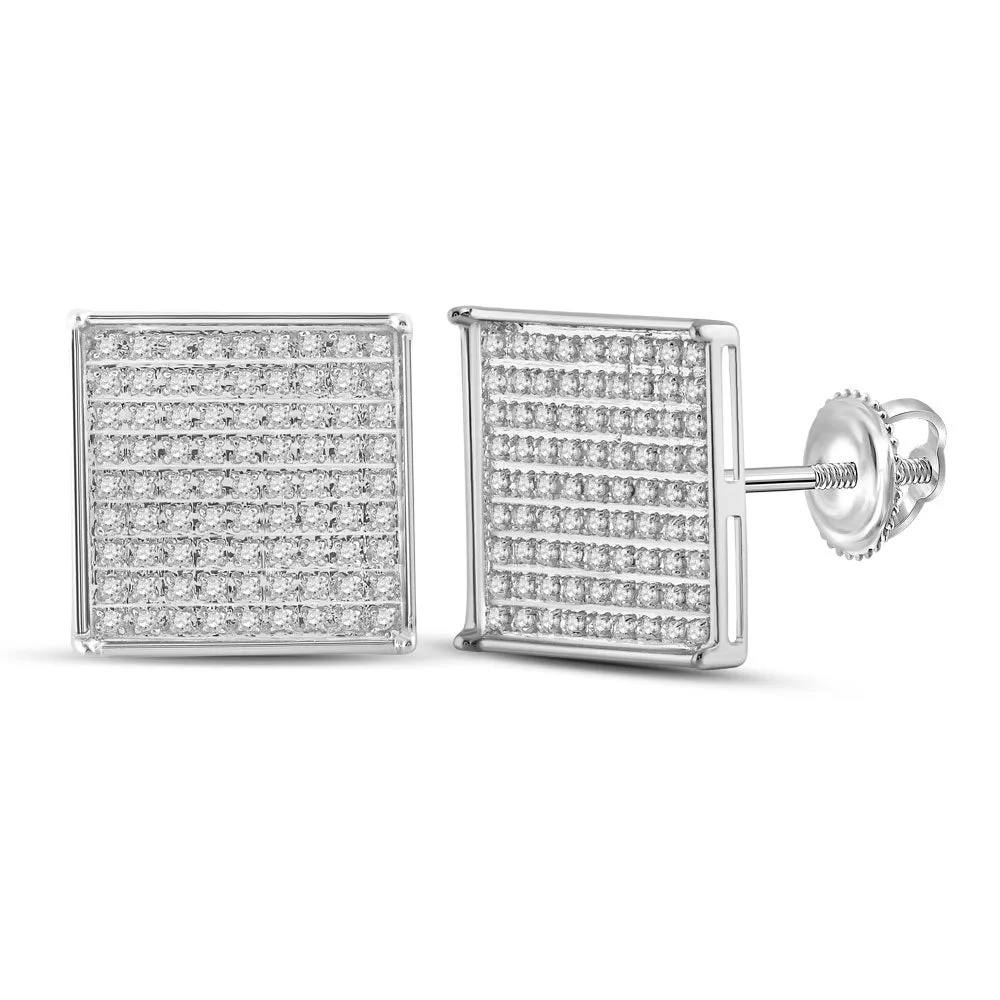 14kt White Gold Womens Round Pave-set Diamond Square Cluster Earrings 1/2 Cttw
