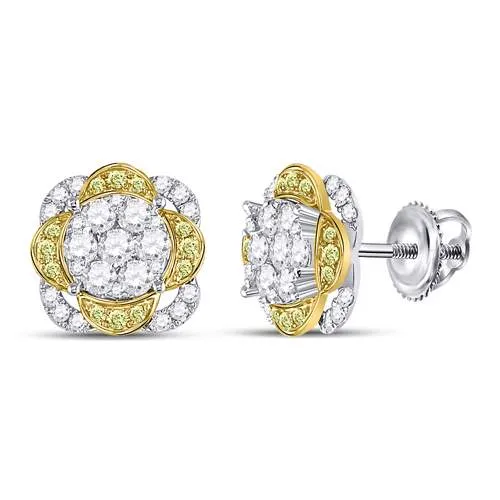 14kt White Gold Womens Round Yellow Diamond Flower Cluster Earrings 5/8 Cttw