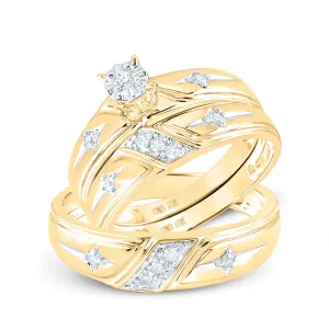 14kt Yellow Gold His & Hers Round Diamond Solitaire Cross Matching Bridal Wedding Ring Band Set 1/5 Cttw