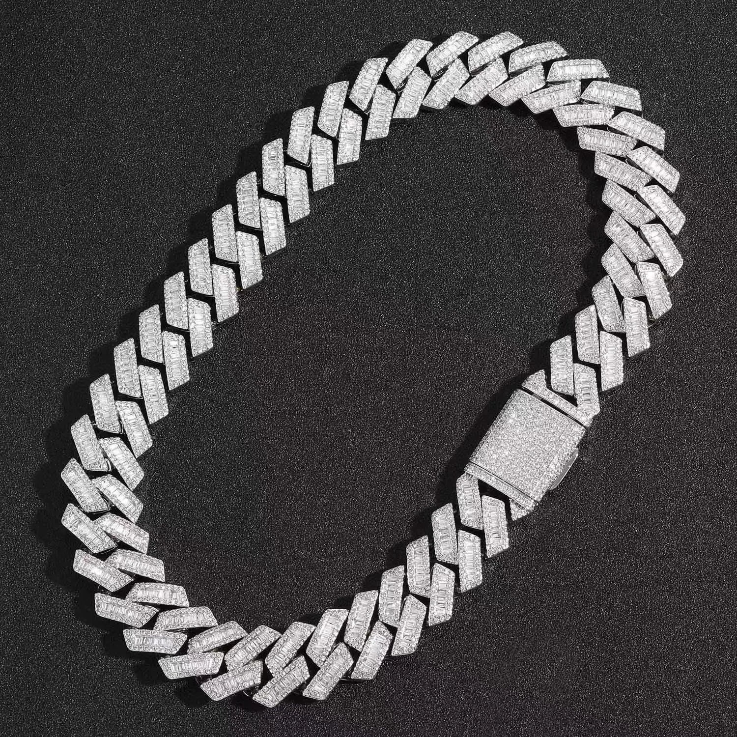 20mm Baguette Cut Moissanite Diamond Prong Cuban Link Bracelet in White Gold