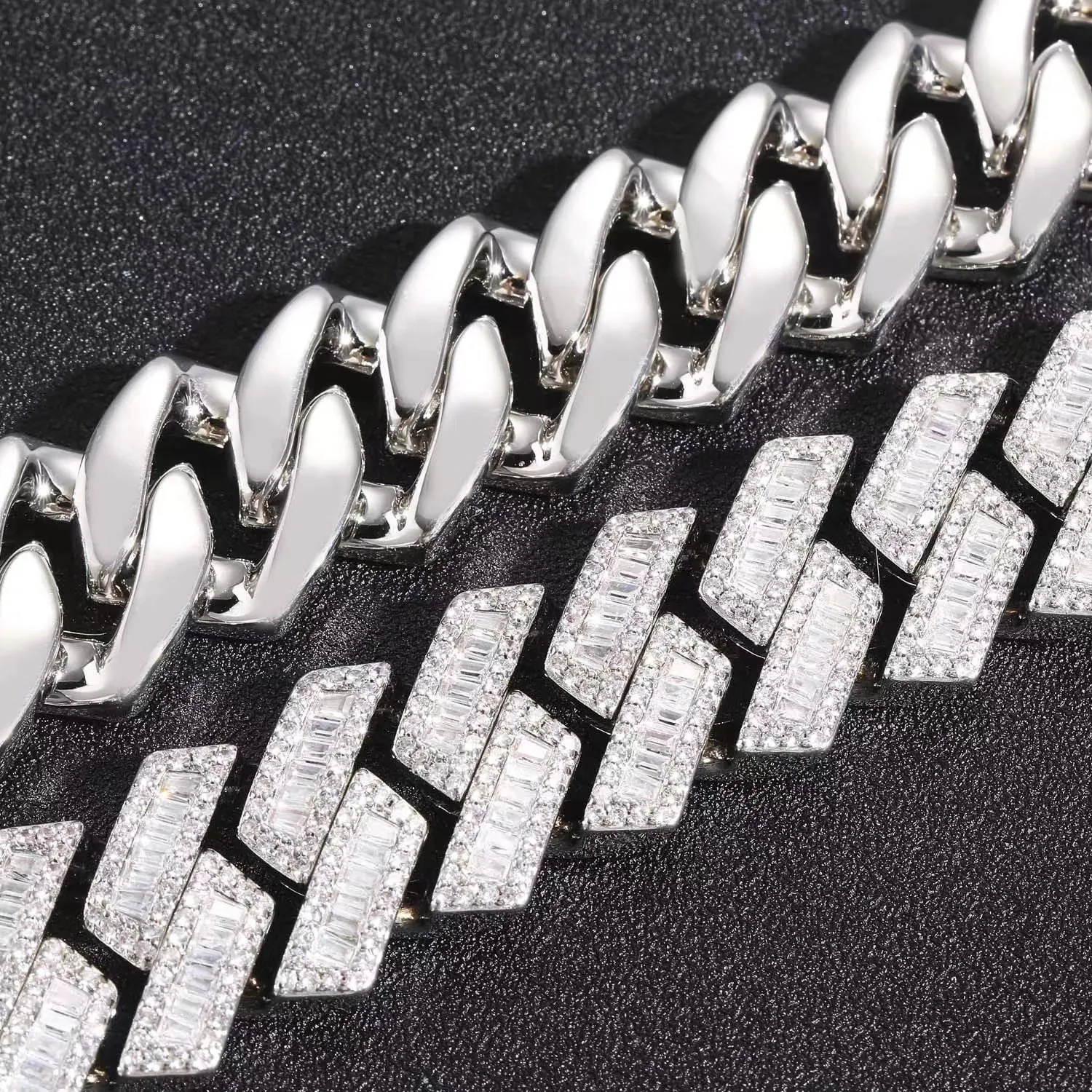 20mm Baguette Cut Moissanite Diamond Prong Cuban Link Bracelet in White Gold