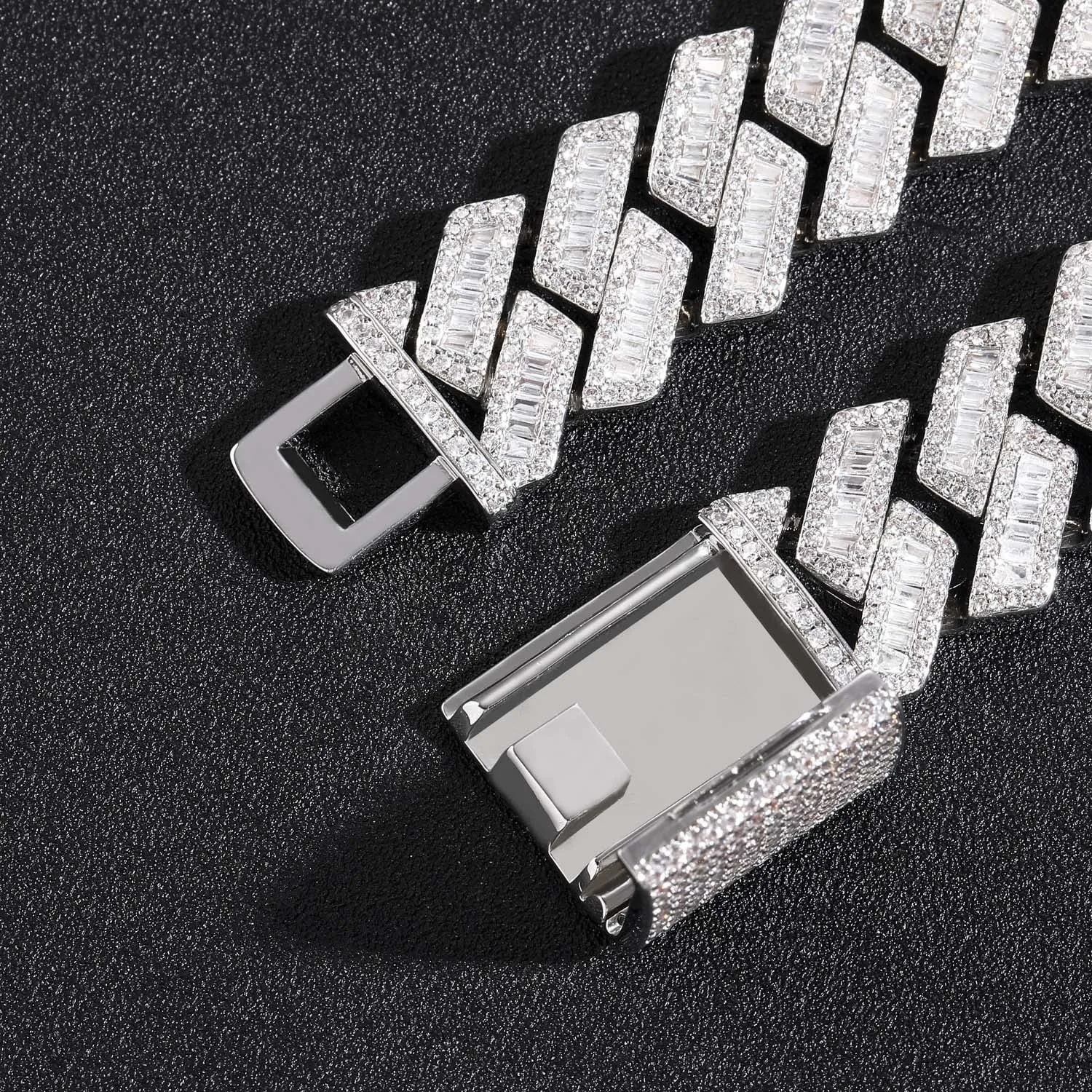 20mm Baguette Cut Moissanite Diamond Prong Cuban Link Bracelet in White Gold