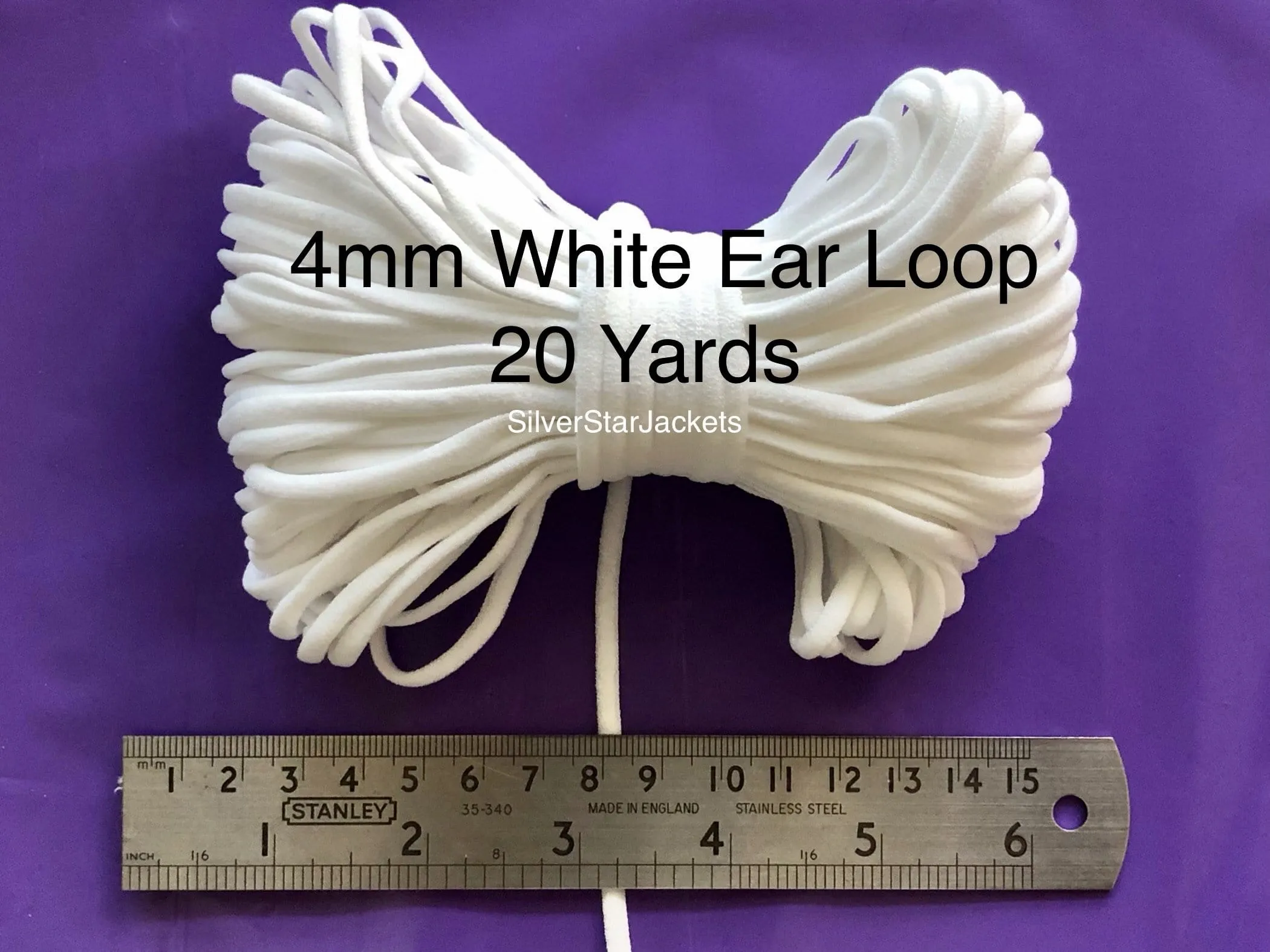 4mm flat, soft, ear loop elastic in WHITE for sewing masks. Sold in 10 and 20 yard bundles. Ships from Ohio.