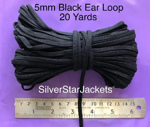 5mm flat, soft, ear loop elastic in BLACK for sewing adjustable masks. Sold in 10 and 20 yard bundles. Ships from Ohio.