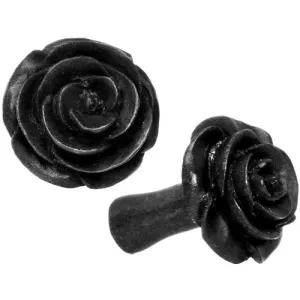 6 Gauge Organic Arang Wood Rose Flower Hand Carved Plug Set