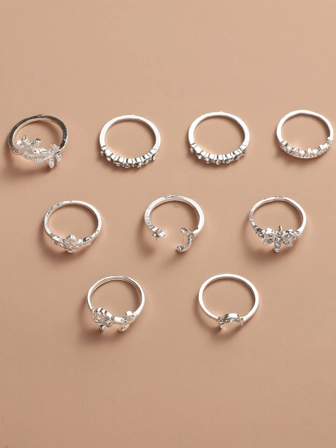 9pcs Rhinestone Decor Moon Rings - Silver - FD ⚡