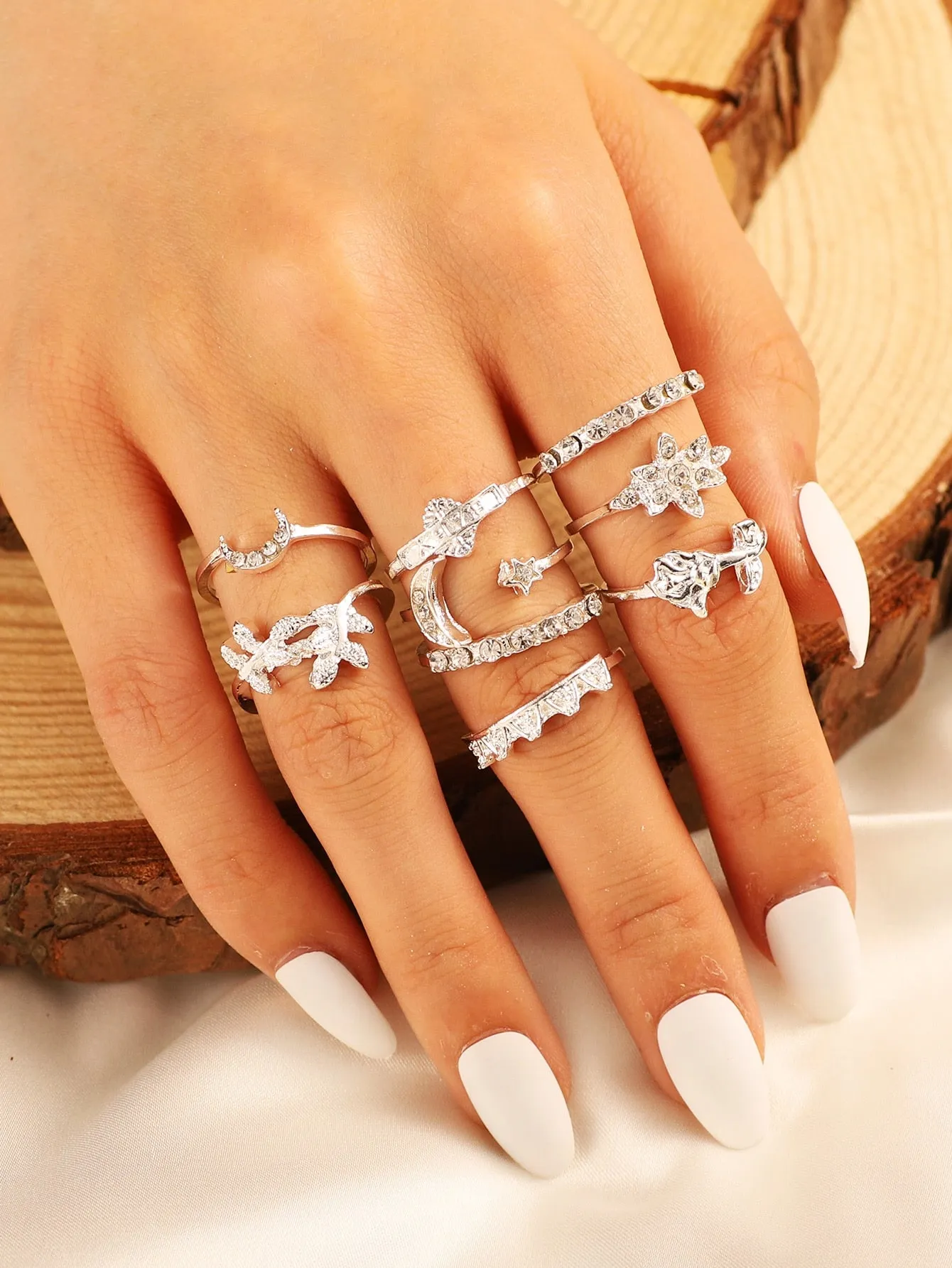 9pcs Rhinestone Decor Moon Rings - Silver - FD ⚡