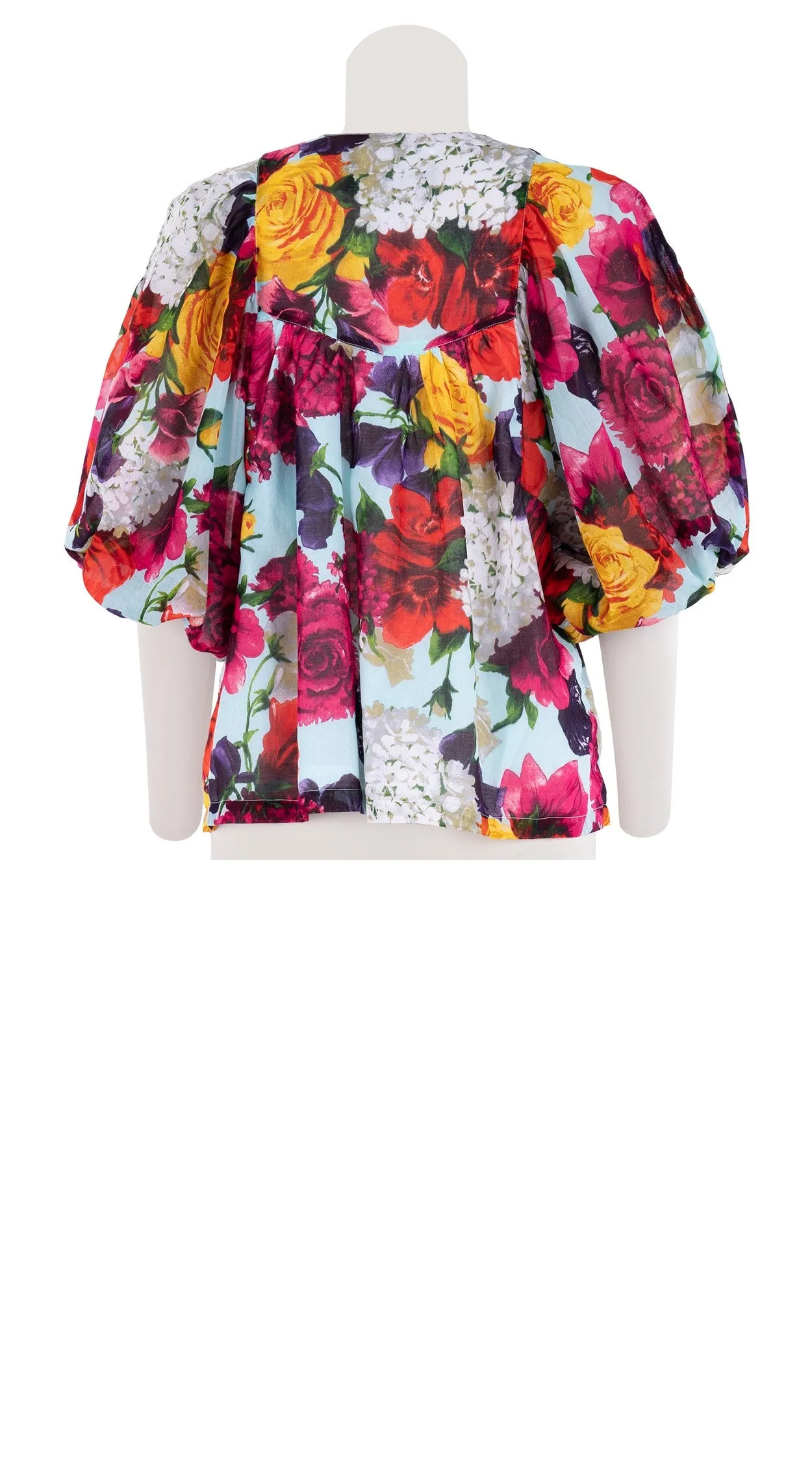 Anastasia Blouse #2 Crew Neck Slit 3/4 Puff Sleeve Cotton Musola (Zinnia Flower)