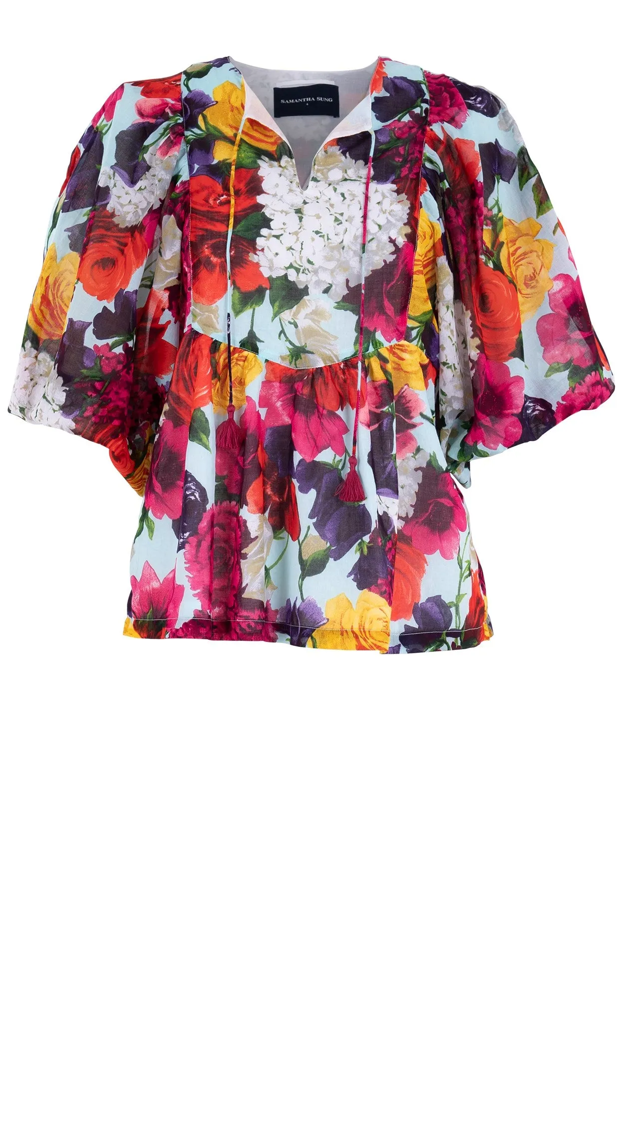 Anastasia Blouse #2 Crew Neck Slit 3/4 Puff Sleeve Cotton Musola (Zinnia Flower)