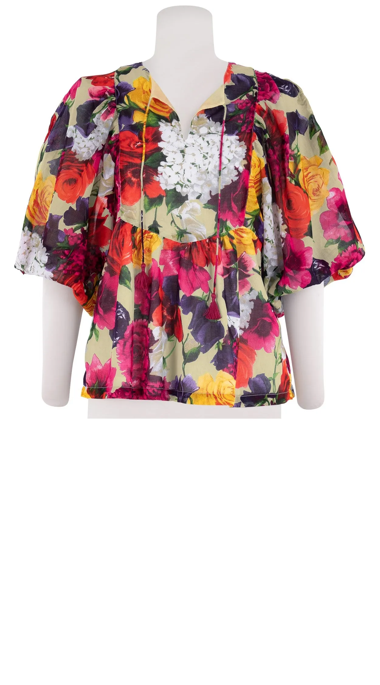 Anastasia Blouse #2 Crew Neck Slit 3/4 Puff Sleeve Cotton Musola (Zinnia Flower)