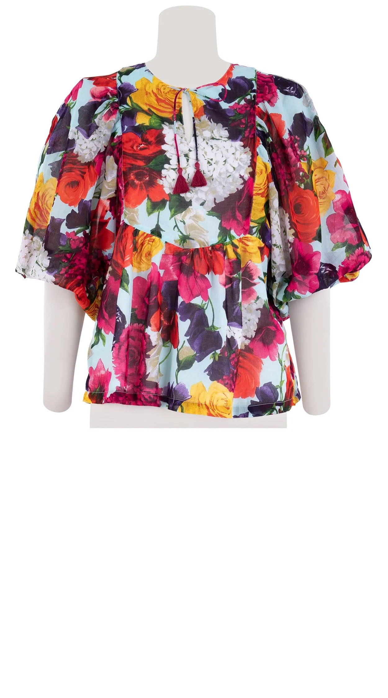 Anastasia Blouse #2 Crew Neck Slit 3/4 Puff Sleeve Cotton Musola (Zinnia Flower)