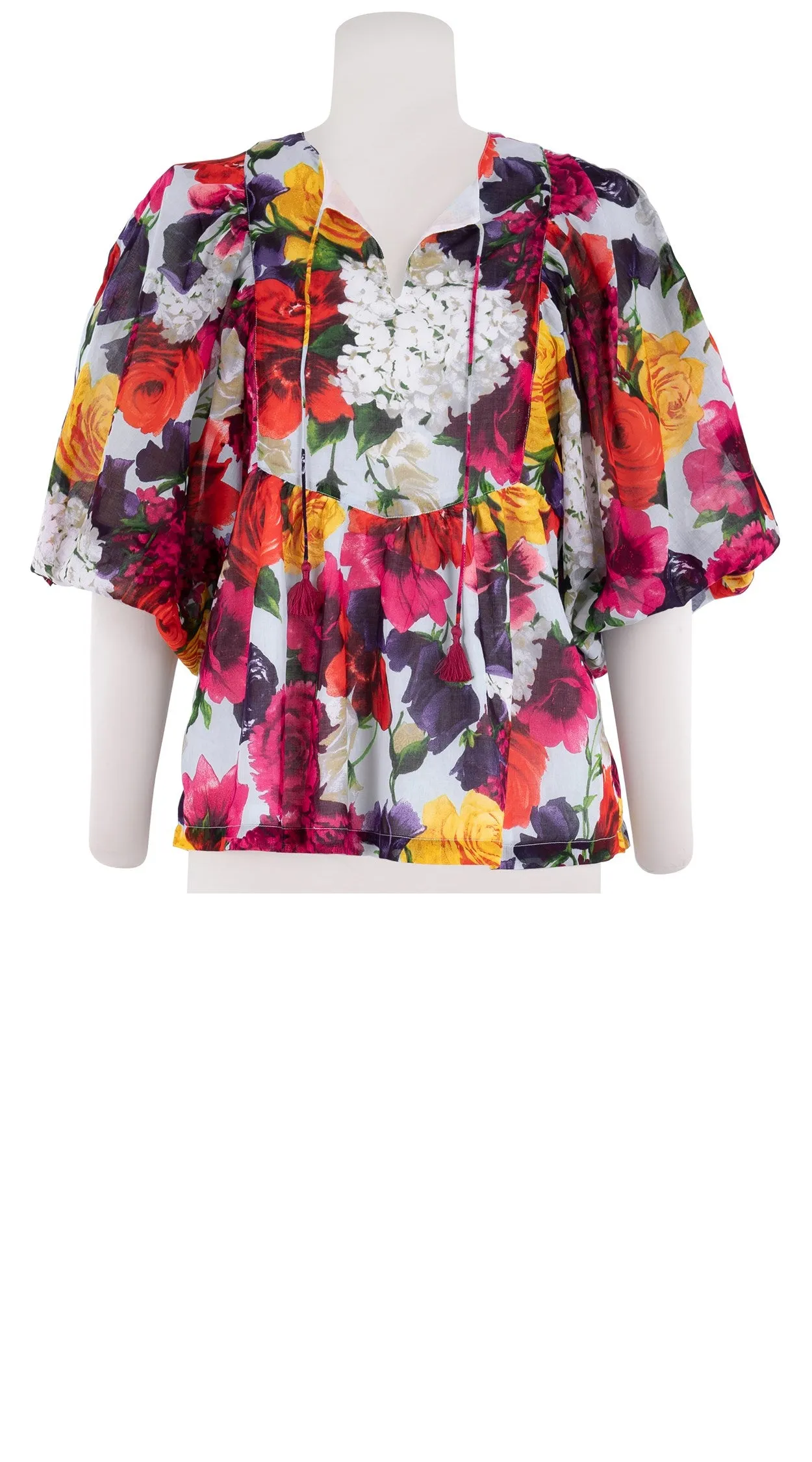 Anastasia Blouse #2 Crew Neck Slit 3/4 Puff Sleeve Cotton Musola (Zinnia Flower)