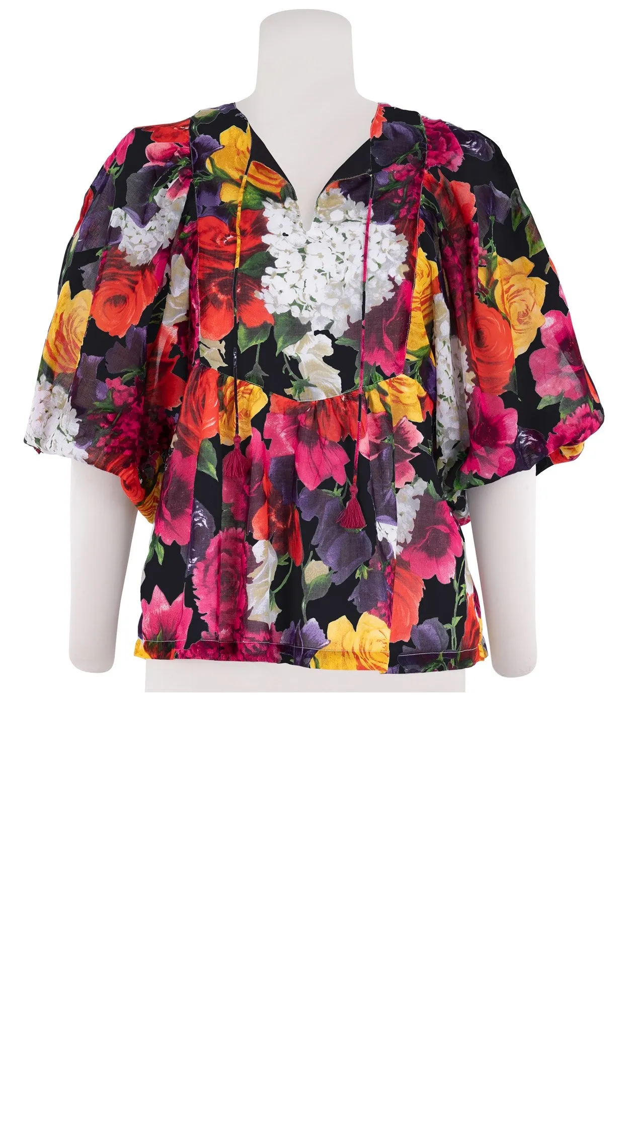 Anastasia Blouse #2 Crew Neck Slit 3/4 Puff Sleeve Cotton Musola (Zinnia Flower)