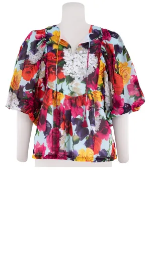 Anastasia Blouse #2 Crew Neck Slit 3/4 Puff Sleeve Cotton Musola (Zinnia Flower)