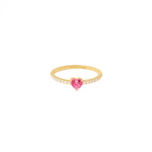 Anillo corazón oro amarillo de 18k con turmalina rosa y brillantes