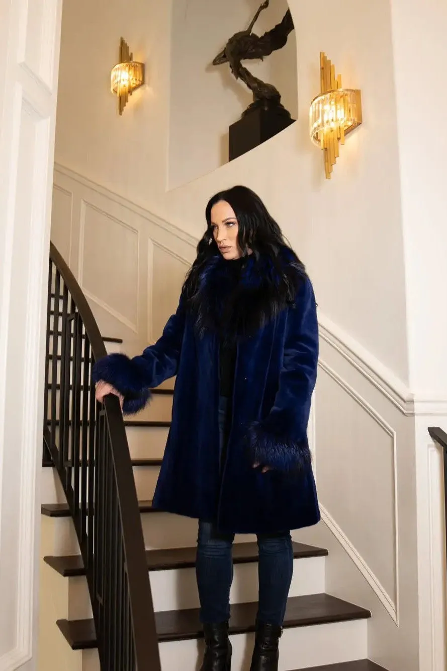 Blue Sheared Mink Stroller W/Blue Dyed Silver Fox Shawl Collar & Cuffs