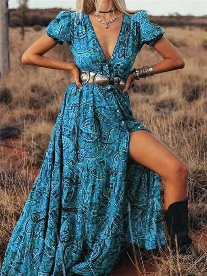 Bohemian Style High Slit V Neck Short Sleeve Dress for Women