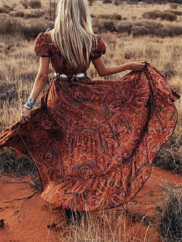 Bohemian Style High Slit V Neck Short Sleeve Dress for Women