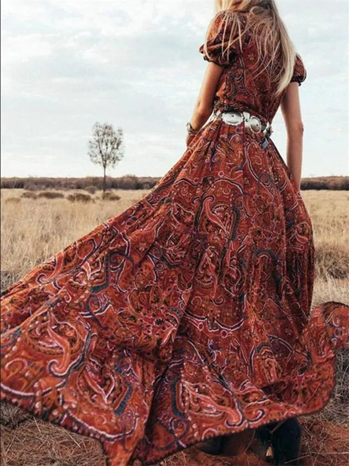 Bohemian Style High Slit V Neck Short Sleeve Dress for Women