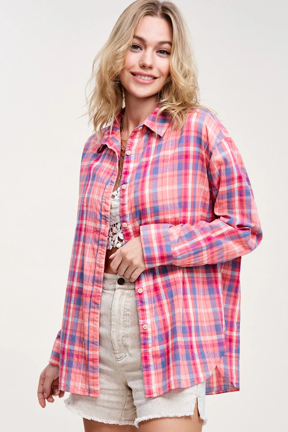 Bold Button Down Plaid Print Long Slv Collared Shirt