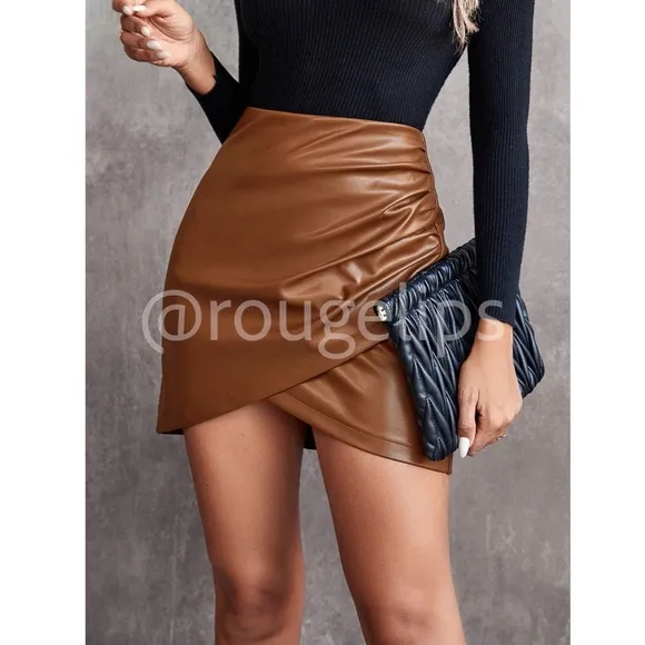 Brown Mini Skirt Ruched Overlapping Faux Wrap Zipper PU Leather