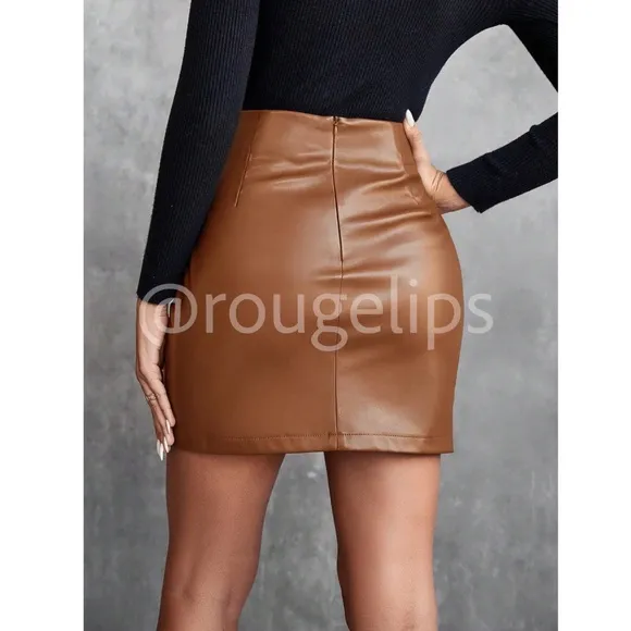 Brown Mini Skirt Ruched Overlapping Faux Wrap Zipper PU Leather