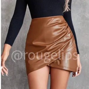 Brown Mini Skirt Ruched Overlapping Faux Wrap Zipper PU Leather