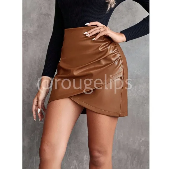 Brown Mini Skirt Ruched Overlapping Faux Wrap Zipper PU Leather