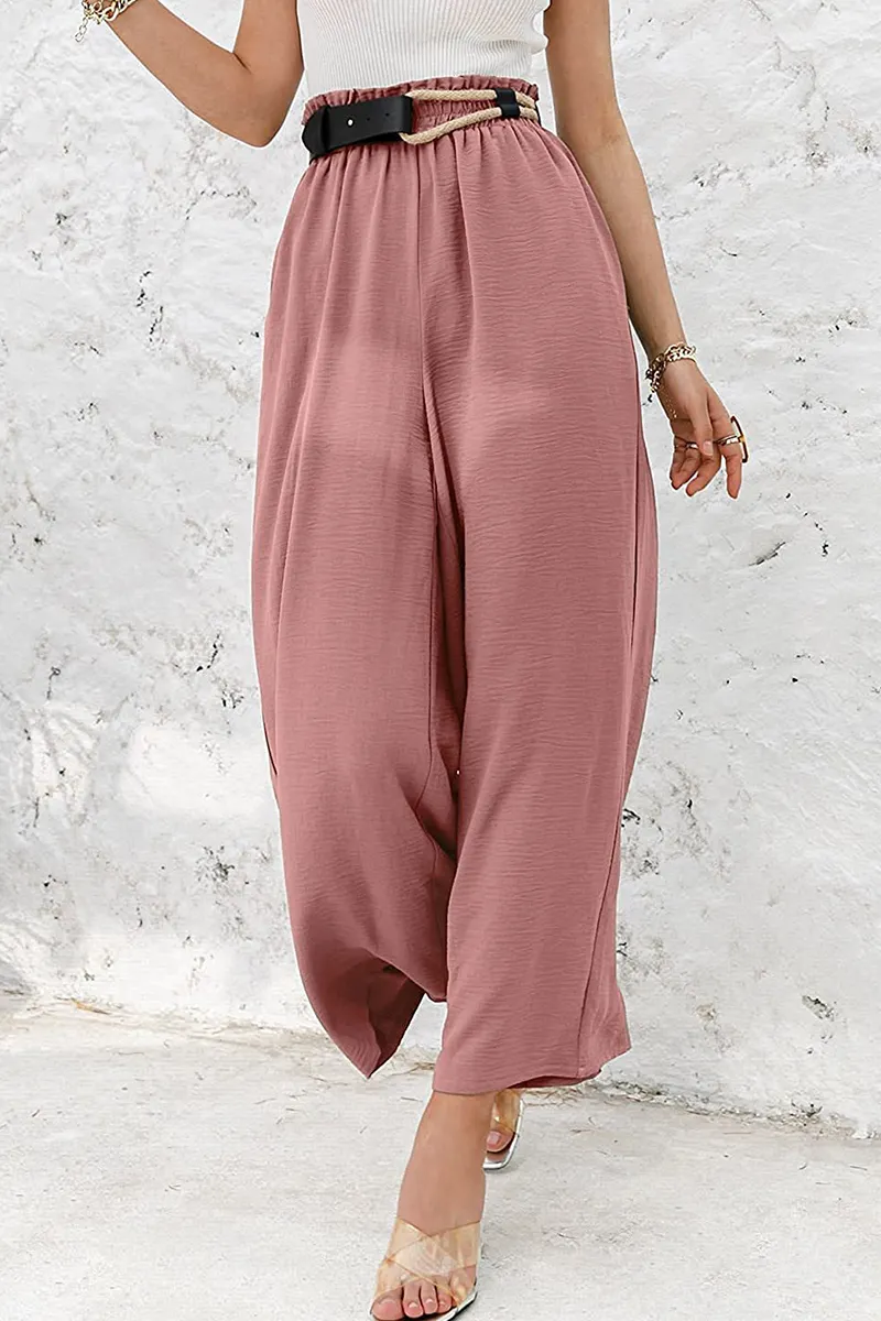 Casual Solid Patchwork Loose High Waist Wide Leg Solid Color Bottoms(10 Colors)
