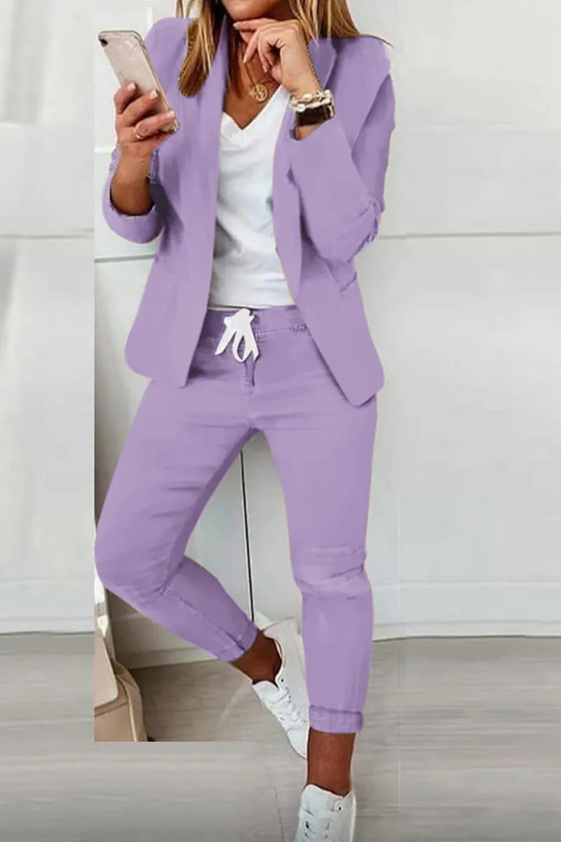 Casual Solid Split Joint Turndown Collar Long Sleeve Two Pieces(4 colors)