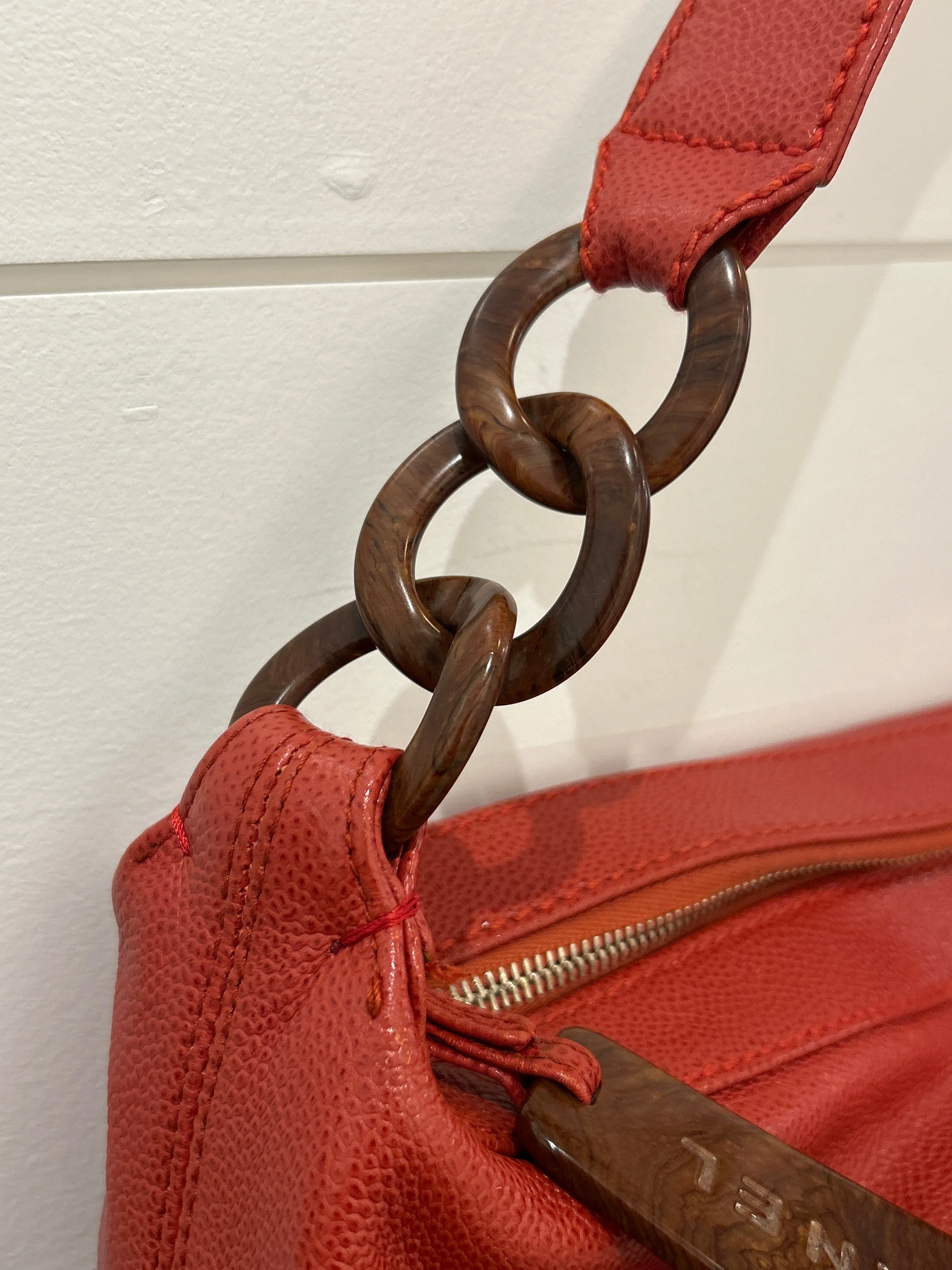 Chanel Bag, Red Caviar CC Wood Chain Hobo Shoulder Bag