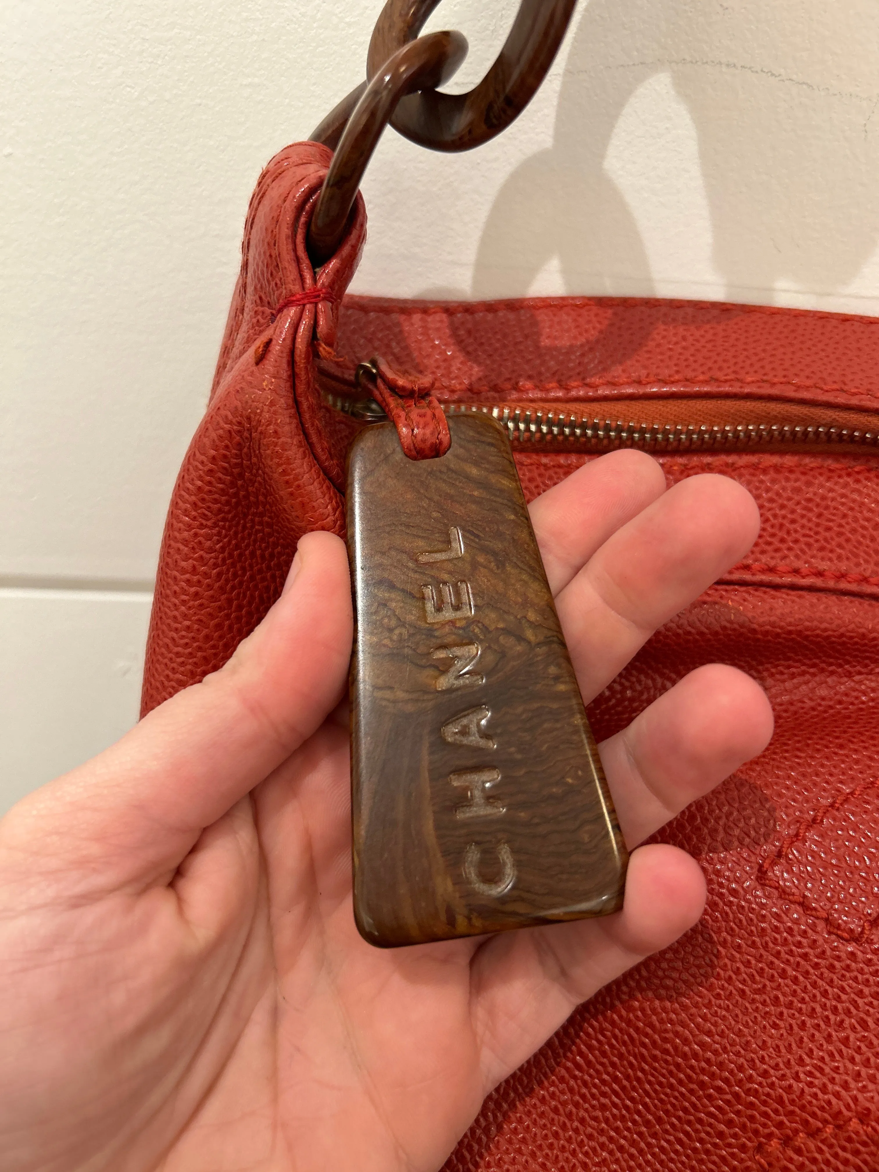 Chanel Bag, Red Caviar CC Wood Chain Hobo Shoulder Bag