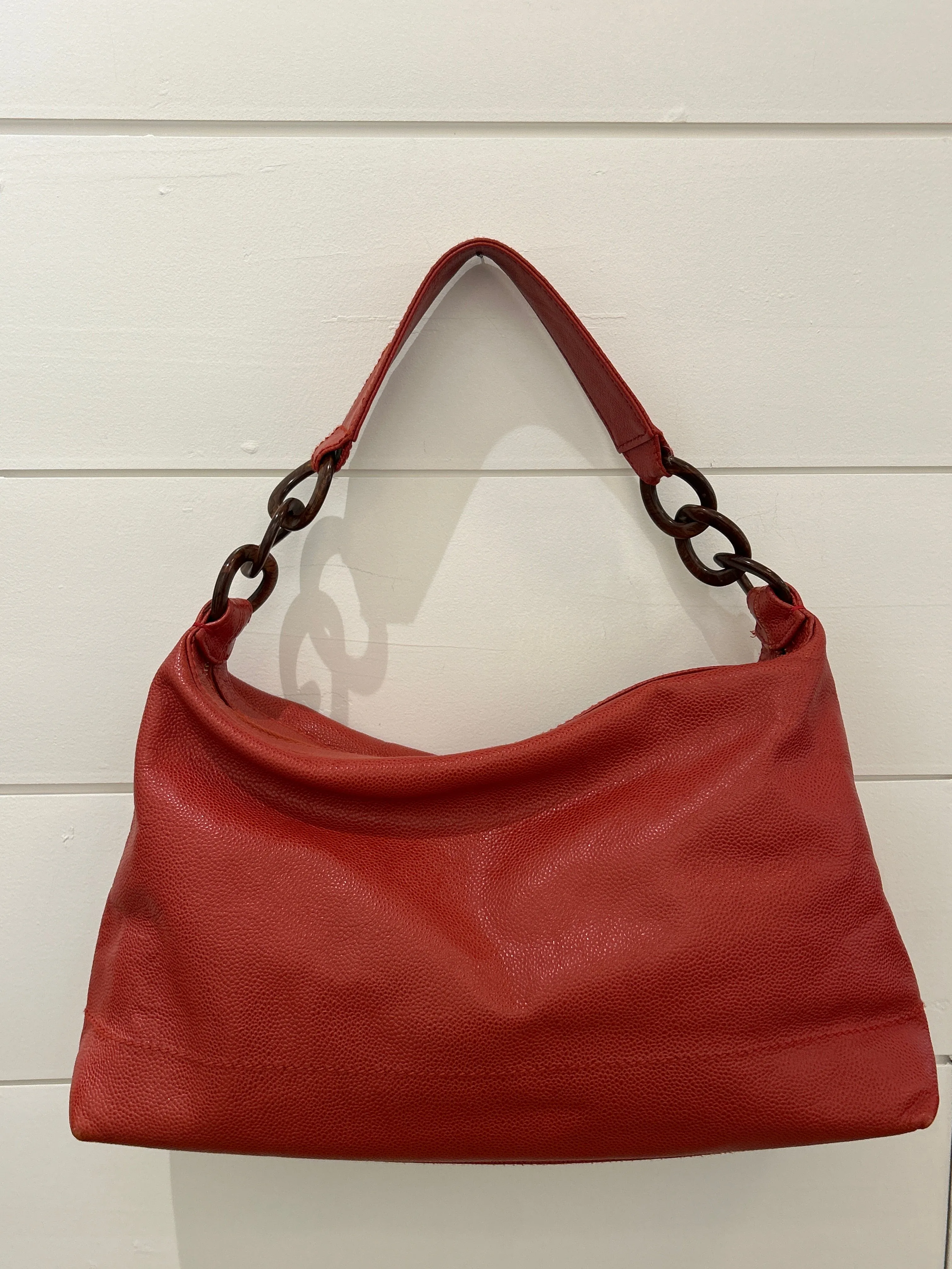 Chanel Bag, Red Caviar CC Wood Chain Hobo Shoulder Bag