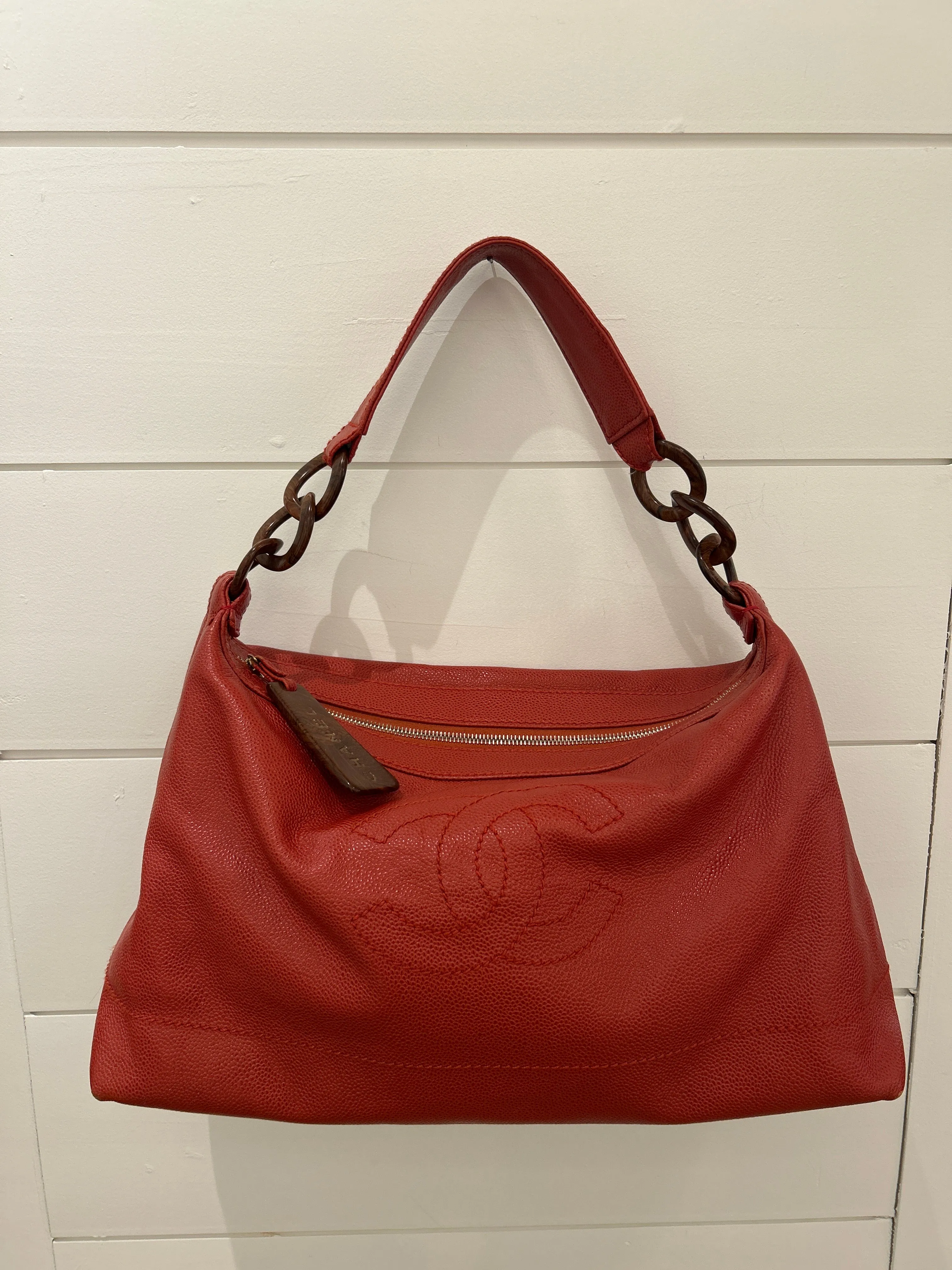 Chanel Bag, Red Caviar CC Wood Chain Hobo Shoulder Bag