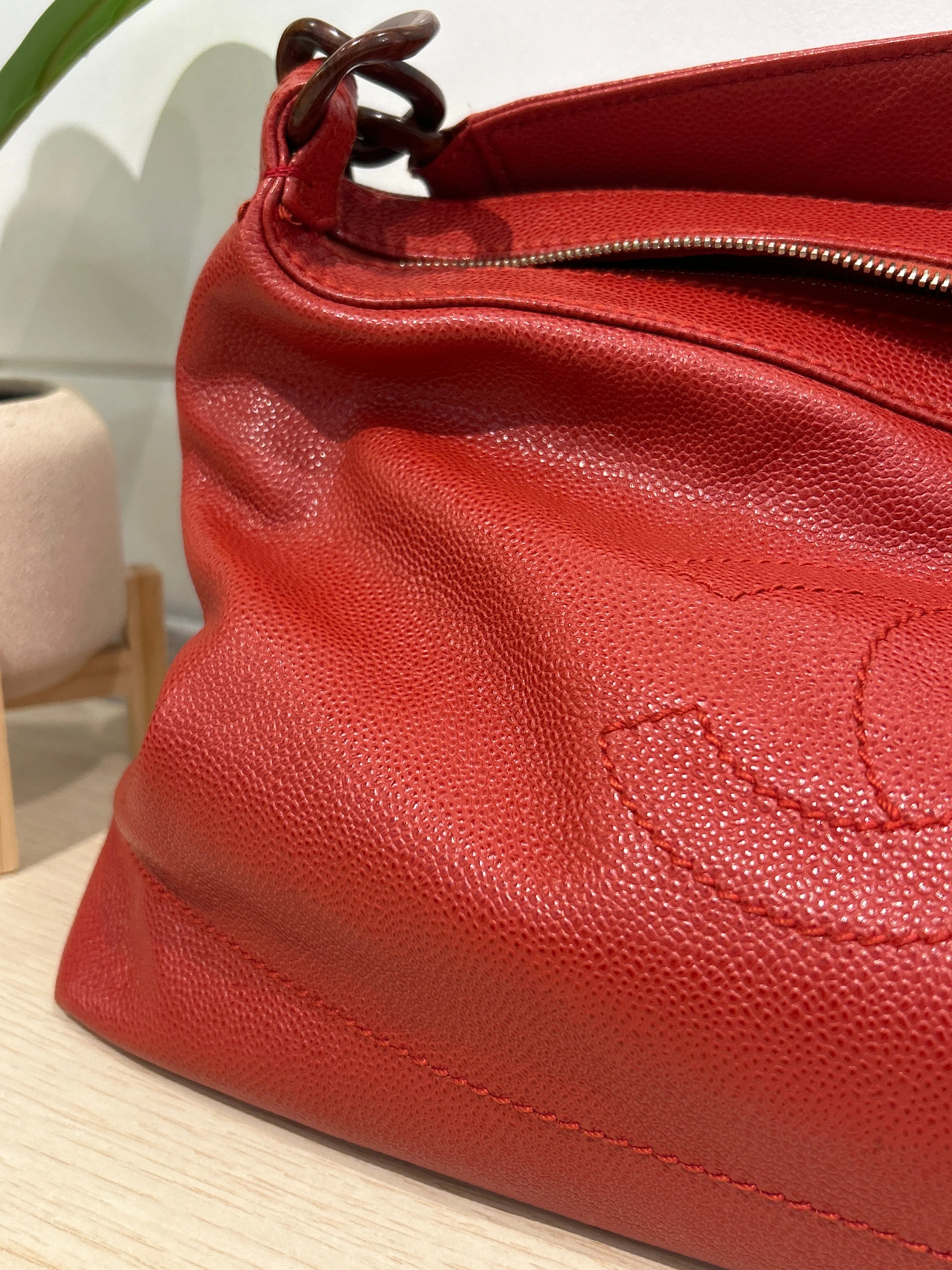 Chanel Bag, Red Caviar CC Wood Chain Hobo Shoulder Bag