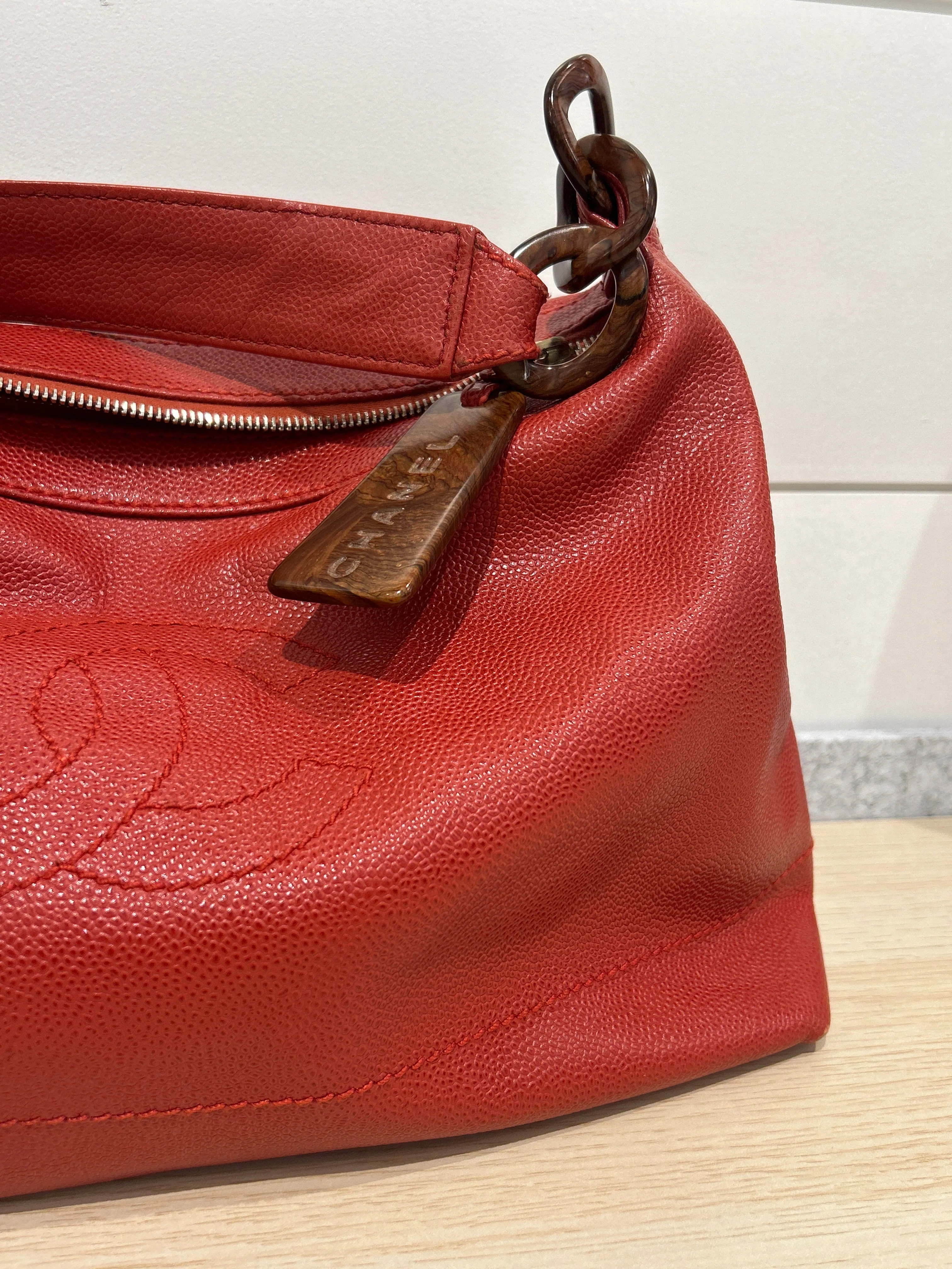Chanel Bag, Red Caviar CC Wood Chain Hobo Shoulder Bag