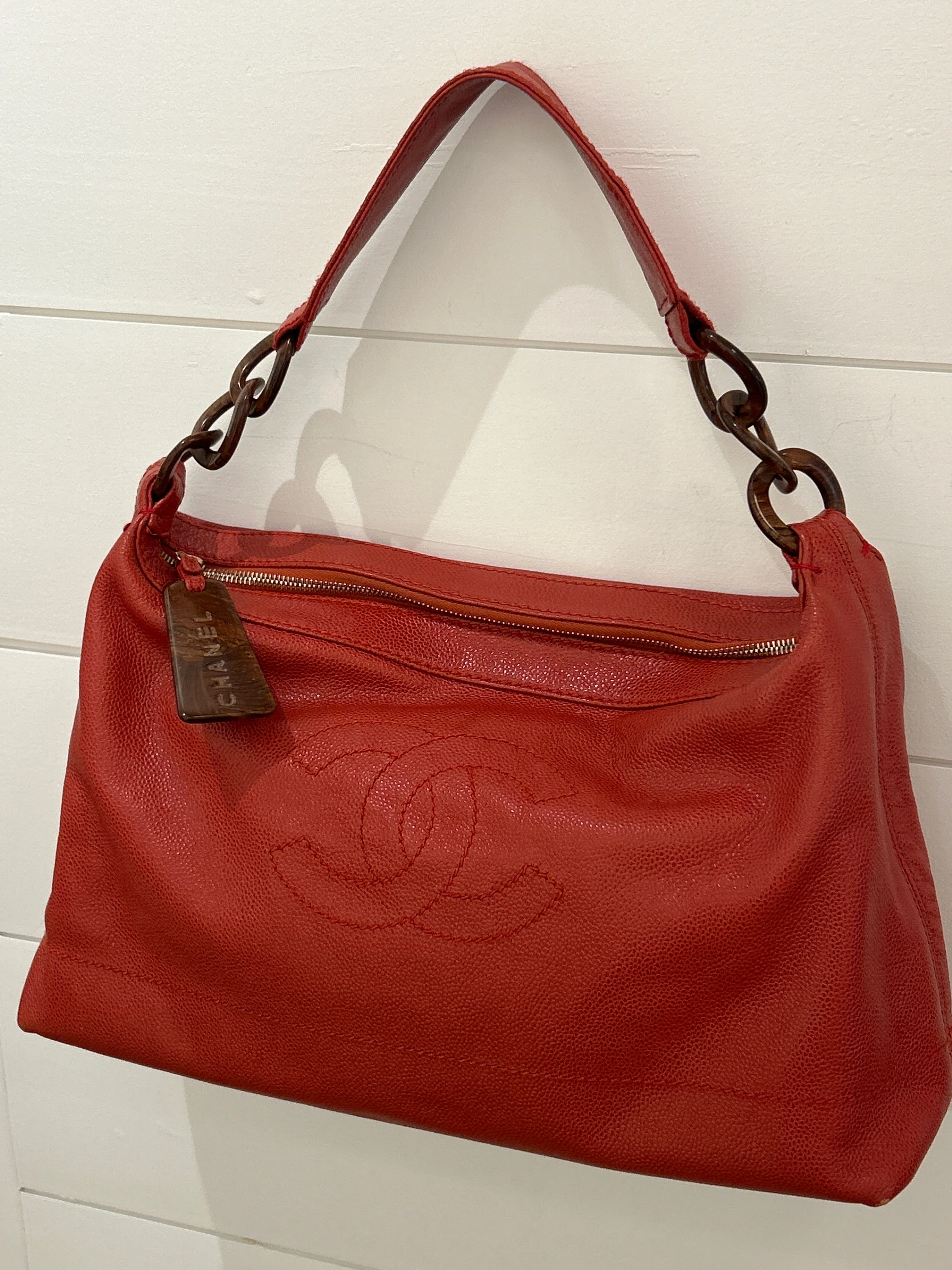 Chanel Bag, Red Caviar CC Wood Chain Hobo Shoulder Bag