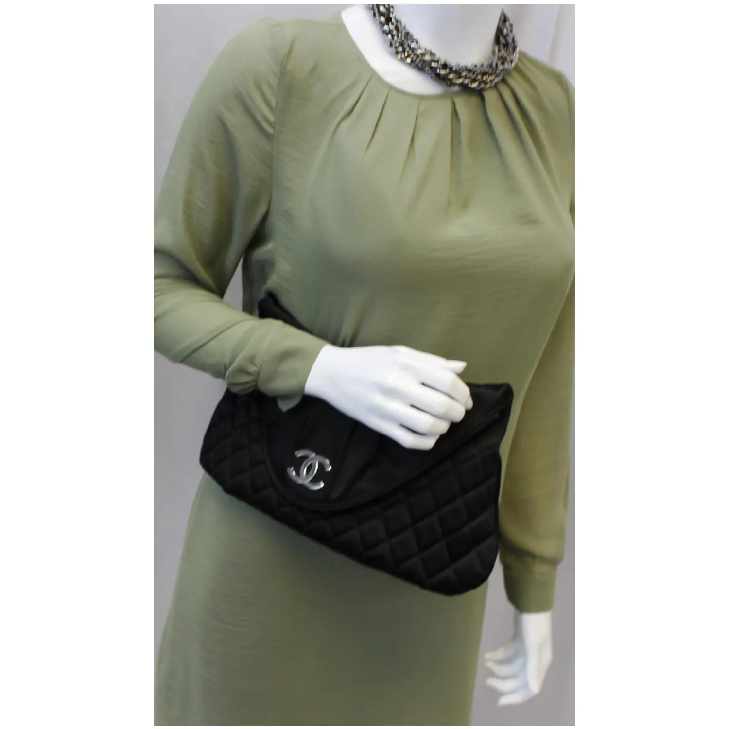 CHANEL CC Half Moon Quilted Satin Clutch Black