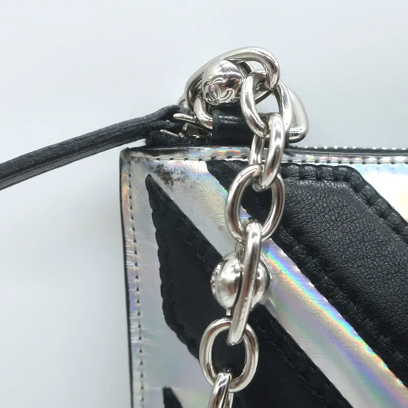 Chanel Holographic Chevron Zip Pouch Black & Silver Medium Wristlet Clutch Bag
