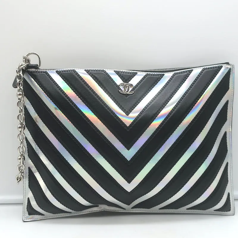Chanel Holographic Chevron Zip Pouch Black & Silver Medium Wristlet Clutch Bag