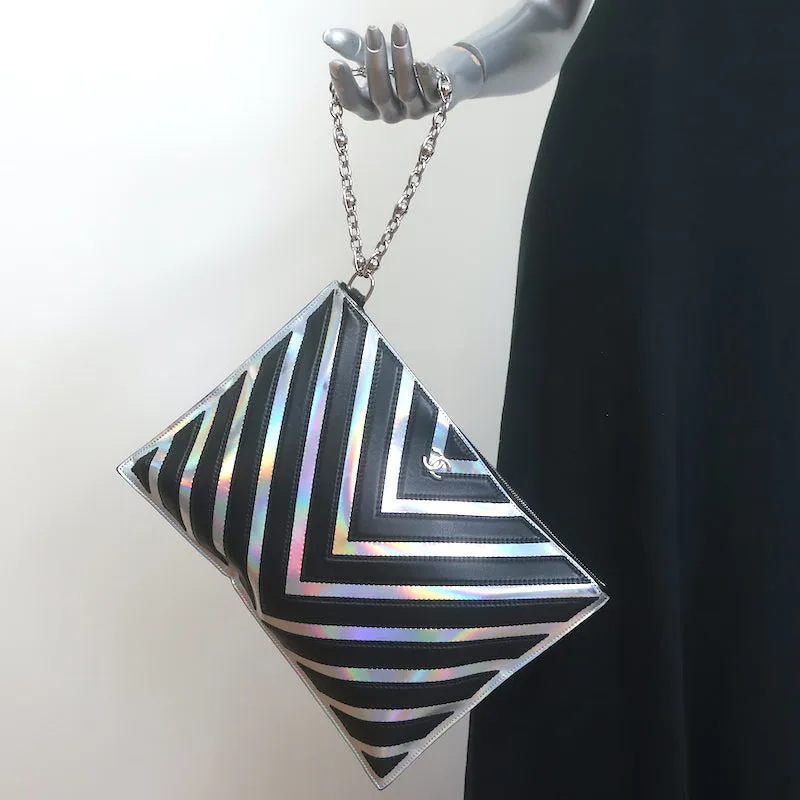 Chanel Holographic Chevron Zip Pouch Black & Silver Medium Wristlet Clutch Bag