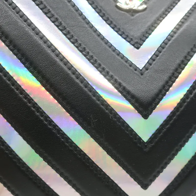 Chanel Holographic Chevron Zip Pouch Black & Silver Medium Wristlet Clutch Bag
