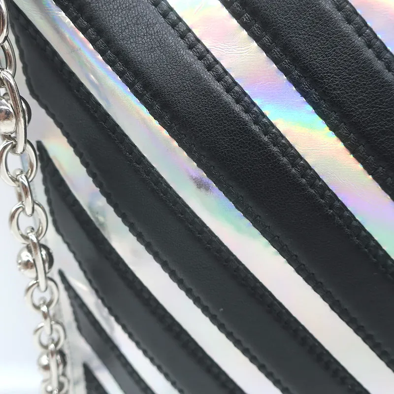 Chanel Holographic Chevron Zip Pouch Black & Silver Medium Wristlet Clutch Bag