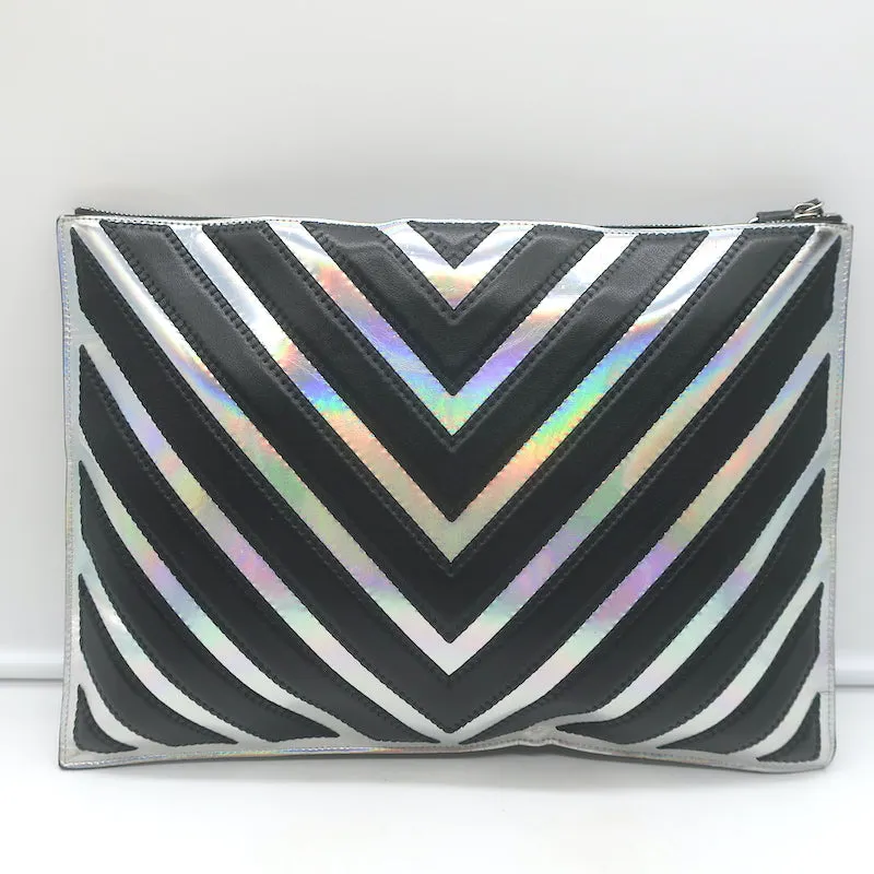 Chanel Holographic Chevron Zip Pouch Black & Silver Medium Wristlet Clutch Bag