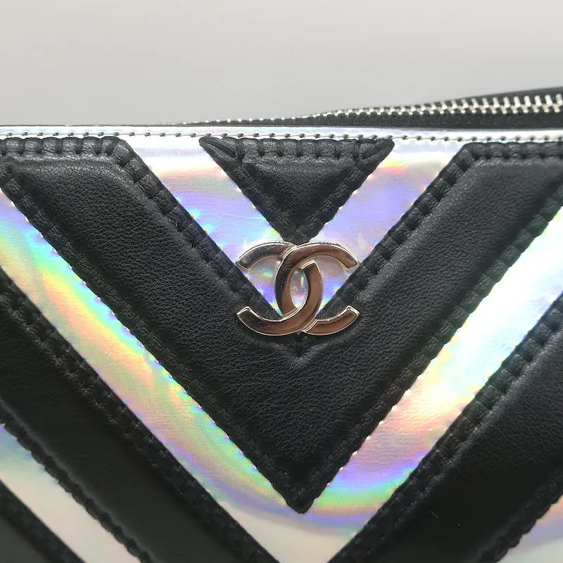 Chanel Holographic Chevron Zip Pouch Black & Silver Medium Wristlet Clutch Bag